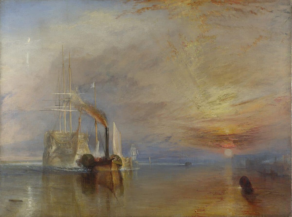 Le trois-mâts Temeraire remorqué sur la Tamise dans un couchant doré