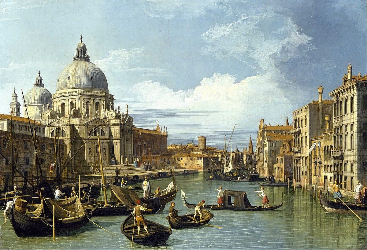 L'entrée du Grand Canal à Venise, la Salute et ses gondoles